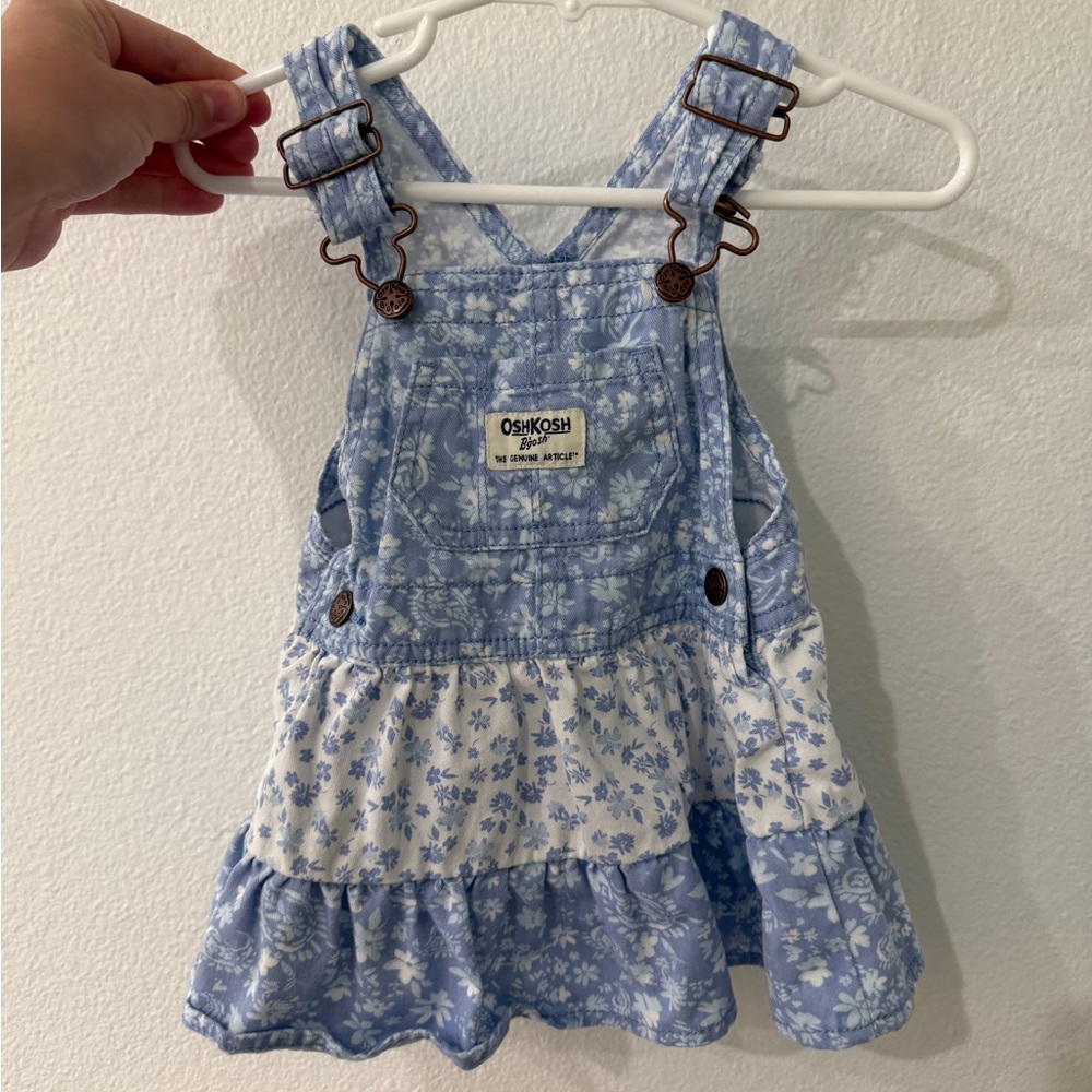 OshKosh B'gosh Light Blue and White Floral Tiered Overall Dress